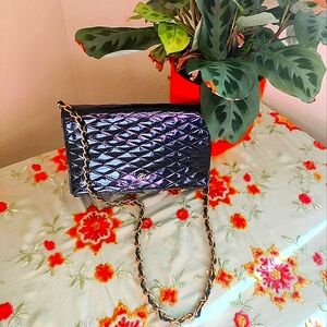 Vintage Koret Black Leather Crossbody Bag with Leather and Gold Chain Strap